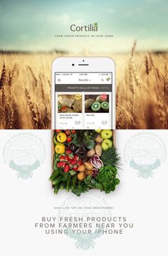 the app is displaying fresh fruits and vegetables in front of an image of wheat fields