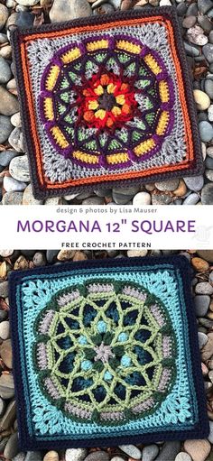 two crocheted squares with the words morgana's square on them