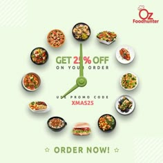 a clock with the words get 2 % off on your order and six different types of food