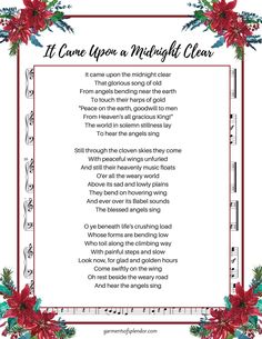 a christmas poem with red poinsettias and holly wreaths on it, surrounded by music notes