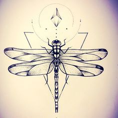 a drawing of a dragonfly sitting on top of a piece of paper with geometric shapes in the background