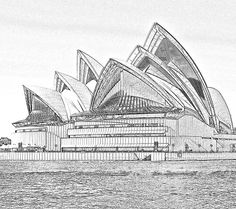 a drawing of the sydney opera house in black and white, as seen from across the water