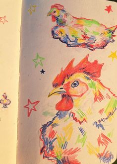 an open book with drawings of chickens and stars