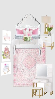 the bedroom is decorated in pink and white with lots of accessories on display next to it