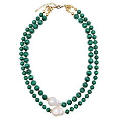 Introducing our stunning Malachite with Baroque Double Strands Necklace—a captivating piece that combines the beauty of malachite with the elegance of baroque pearls. The rich green tones of the malachite beads beautifully contrast with the organic shapes and iridescent luster of the baroque pearls. Handcrafted with meticulous attention to detail, this necklace adds a touch of sophistication to any outfit. Elevate your style with the mesmerizing charm of this exquisite accessory. It's elegant and brilliant, matching it with a blouse, dress or knitwear looks stunning! Wear Farra malachite or freshwater pearls earrings to complete your look. Also, this is a very nice gift for birthdays, anniversaries, or festivals. It will be contained in a nice jewelry box with well packed. Malachite Necklace Handmade, Malachite Jewelry Necklace, Stone Necklaces, Nice Jewelry, Pearls Earrings, September Birthstone Jewelry, Malachite Jewelry, Double Strand Necklace, August Birthstone Jewelry