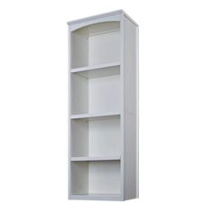 a white bookcase with three shelves on the bottom and one shelf above it, in front of a white background