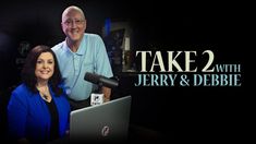 two people standing next to each other in front of a microphone with the words take 2 with jerry and debbee