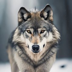 a wolf standing in the snow looking at the camera