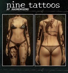 two pictures of a woman with tattoos on her body