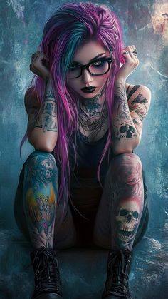 a woman with pink hair and tattoos sitting on the ground