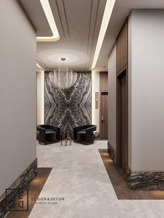 a hallway with two black chairs and a chandelier