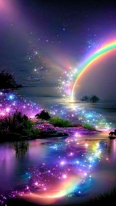 a rainbow colored sky with water and stars