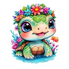 a little turtle with flowers on its head and eyes sitting in the water, wearing a flower