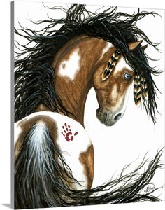 a drawing of a horse with long hair on it's head and paw prints