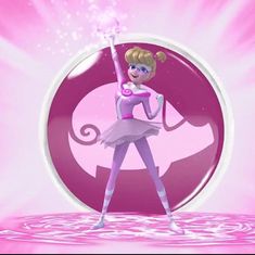 a cartoon character holding a pink object in front of a light purple and white background