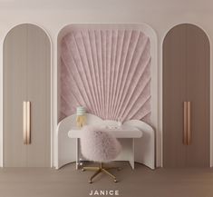 a white desk with a pink chair in front of it and an arched wall behind it