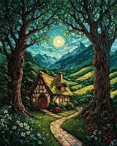 a painting of a house surrounded by trees and flowers with a pathway leading to it