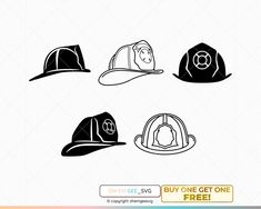 four fireman hats with different designs on the front and back, each one has a bear