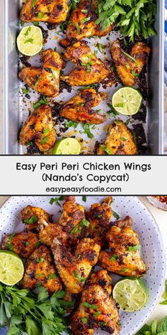 chicken wings with limes and parsley on the side, in a pan next to another