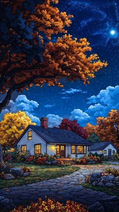 a painting of a house in the night