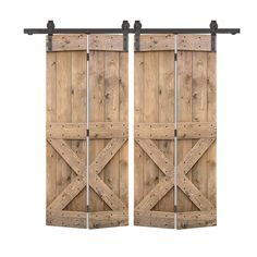 two wooden doors with metal bars on them