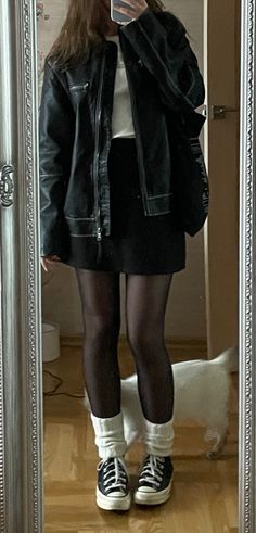 Leather Jacket Black Skirt Outfit, Black Skirt Black Jacket Outfit, Thrifted Leather Jacket Outfit, Black Jacket And Skirt Outfit, Black Corset Outfit Concert, Black Leather Jacket With Skirt, Leather Jacket With A Dress, Mini Skirt Jacket Outfit, Denim Jacket Outfit Ideas Women