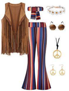 PRICES MAY VARY. 70s outfit for women:Hippie costume include 1*hippie fringe vest suede, 2*hippie flower headband, 1*peace sign earrings , 1*peace sign necklace, and 1*retro sunglasses,these hippie accessories will bring you an attractive charm, make you the focus of the theme party. Soft meterial :Pants:Stretchy Fabric, Fit To Wear All Day.Machine Wash are Available,hippie fringe vest is made Faxure Suede , is light weight, soft and comfortable when your wearing.Wear with Hippie accessories wil Womens 70s Costume, Hippy Costume Ideas, Woodstock Costume Diy, 60s Outfits Party, Hippe Outfit 70s Costume, 70s Theme Party Outfit For Women, Hippie Outfits 70s Costume, 70s Costume Ideas For Women, 60s Fashion Hippie Woodstock