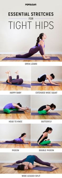 a woman doing yoga poses with the words essential stretches for tight hipss on it