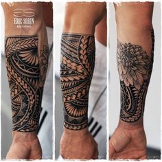 three different views of a man's arm with tattoos on it, and the other side