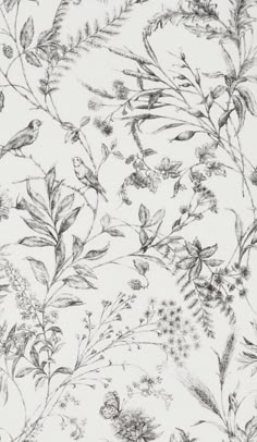 an image of a wallpaper with flowers and plants in black and white on it