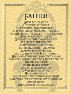 a poem written in black and yellow on parchment paper with the words'father, great father