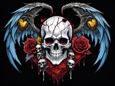 a skull with wings and roses on it's chest is surrounded by two skulls