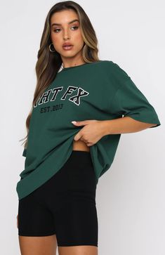 Varsity Tee, Varsity Tees, Scooped Neckline, Fishnet Stockings, Stylish Outfit, Almost Famous, Oversized Top, Dope Outfits, Green Tops