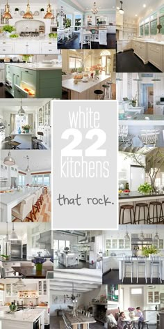 white kitchen with lots of counter tops and chairs in it's center island, along with the words white 22 kitchens that rock