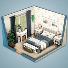 an illustrated view of a bedroom with blue walls