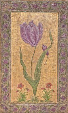 a painting with purple flowers and green leaves