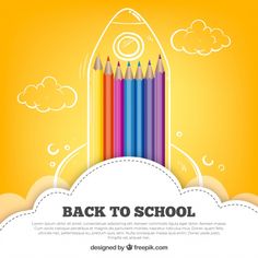 back to school poster with colorful pencils in the sky and clouds on yellow background