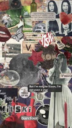 a collage of pictures and words with a woman speaking into a microphone, surrounded by other images