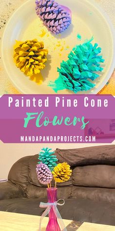 painted pine cone flowers on a white plate