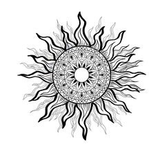 a black and white drawing of a sun