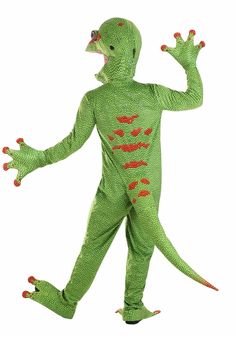 a man in a green costume with red spots on his body and hands out to the side