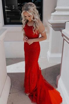 A Linie Spaghettiträger Herzausschnitt Lange Abendkleider Ballkleider Lace Long Prom Dress, Mermaid Prom Dresses Lace, Dress Display, Backless Evening Dress, Lace Prom Dress, Backless Prom Dresses, Senior Prom, Red Prom, Lace Mermaid