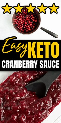 easy keto cranberry sauce in a white bowl with black spoon and stars