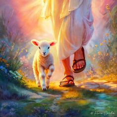 a painting of a person walking with a lamb in their hand and the sun shining down on them