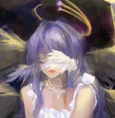 a girl with purple hair and angel wings on her head, wearing a white dress