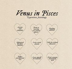 seven heart shapes with captions in black ink on a beige paper background that says capricon venus