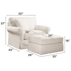 a white chair and ottoman with measurements