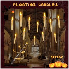 an image of candles floating in the air with pumpkins around them and on display