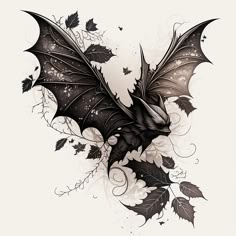 a black and white drawing of a bat flying through the air with leaves around it