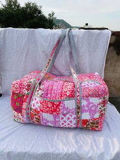 Large Cotton Weekender Travel Bag Handmade Quilted Fabric - Etsy Red Rectangular Travel Bag, Red Rectangular Bag For Weekend Trips, Red Rectangular Travel Bag With Luggage Sleeve, Pink Rectangular Shoulder Bag For Overnight Trips, Multicolor Tote Travel Bag For Overnight Trips, Rectangular Shoulder Bag For Weekend Trips, Red Rectangular Travel Bag For Weekend Trips, Red Rectangular Weekender Bag For Trips, Pink Rectangular Travel Bag As Gift